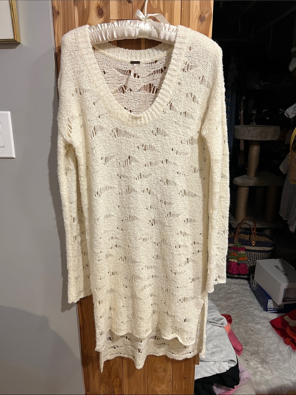 Cream Knit Scoop Neck Long Sleeve Dress